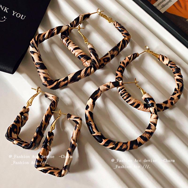 Silver Needle Leopard Print Geometric Hoop Earrings - Trendy High-End Spicy Girl Style for Women