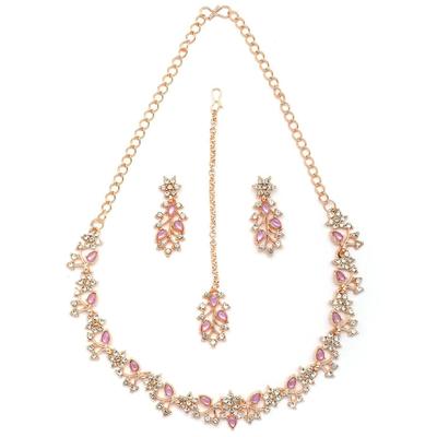 American Diamond AD Stone Studded Floral & Leaf Shaped Rose God Plated Purple Choker Necklace with Dangle Earring Maangtikka Jewellery Set