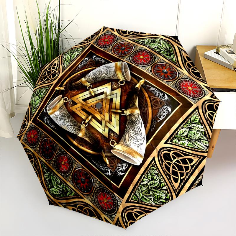 1PC Viking Theme Umbrella Portable Folding Umbrella Iron Frame Hole Bone Structure Outdoor Home Umbrella A9