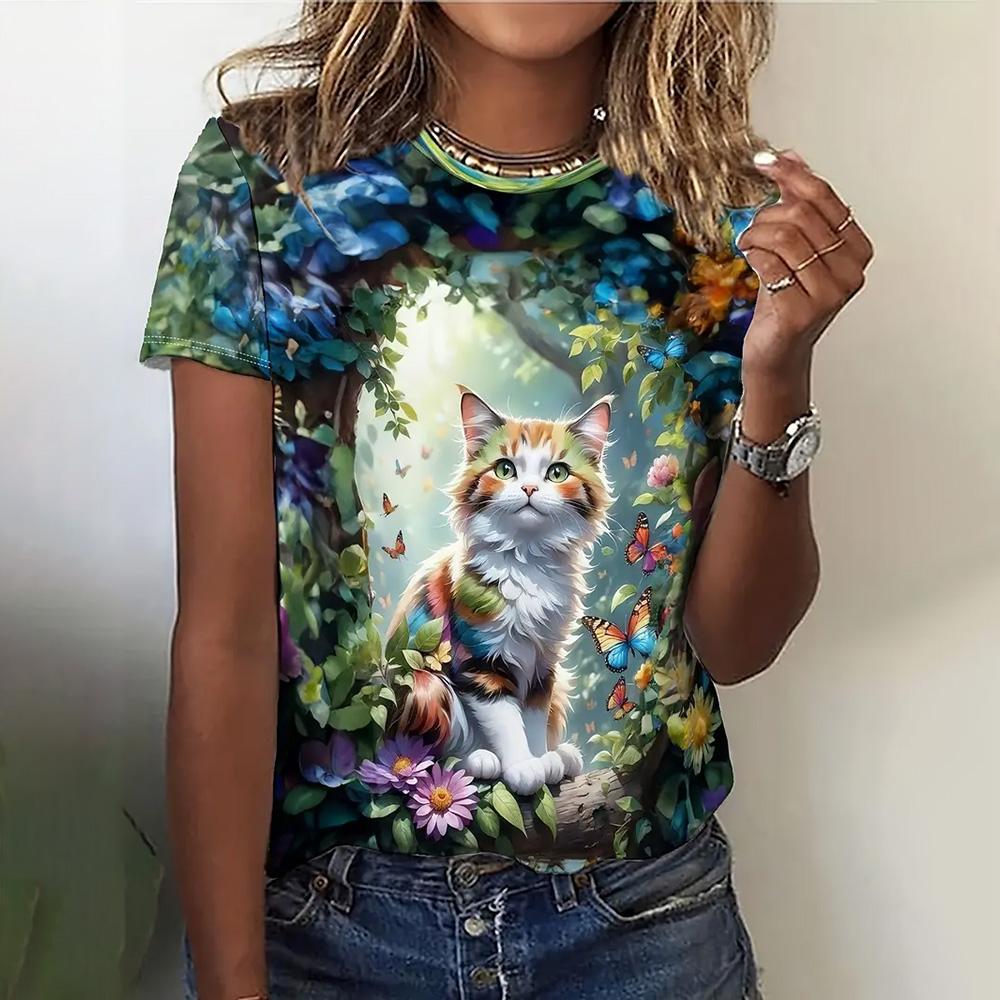 Moda Feminina 3D Estampa Abstrata de Gato Tops de Manga Curta Estampados 2024 Nova Roupa Feminina T-shirts Verão Blusa Solta & Tees