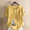 Women's Fashion Rabbit Prined Round Neck Short Sleeve T-shirt Casual Cotton Linen Graphic Shirt Leisure Loose Summer Blouse Tops