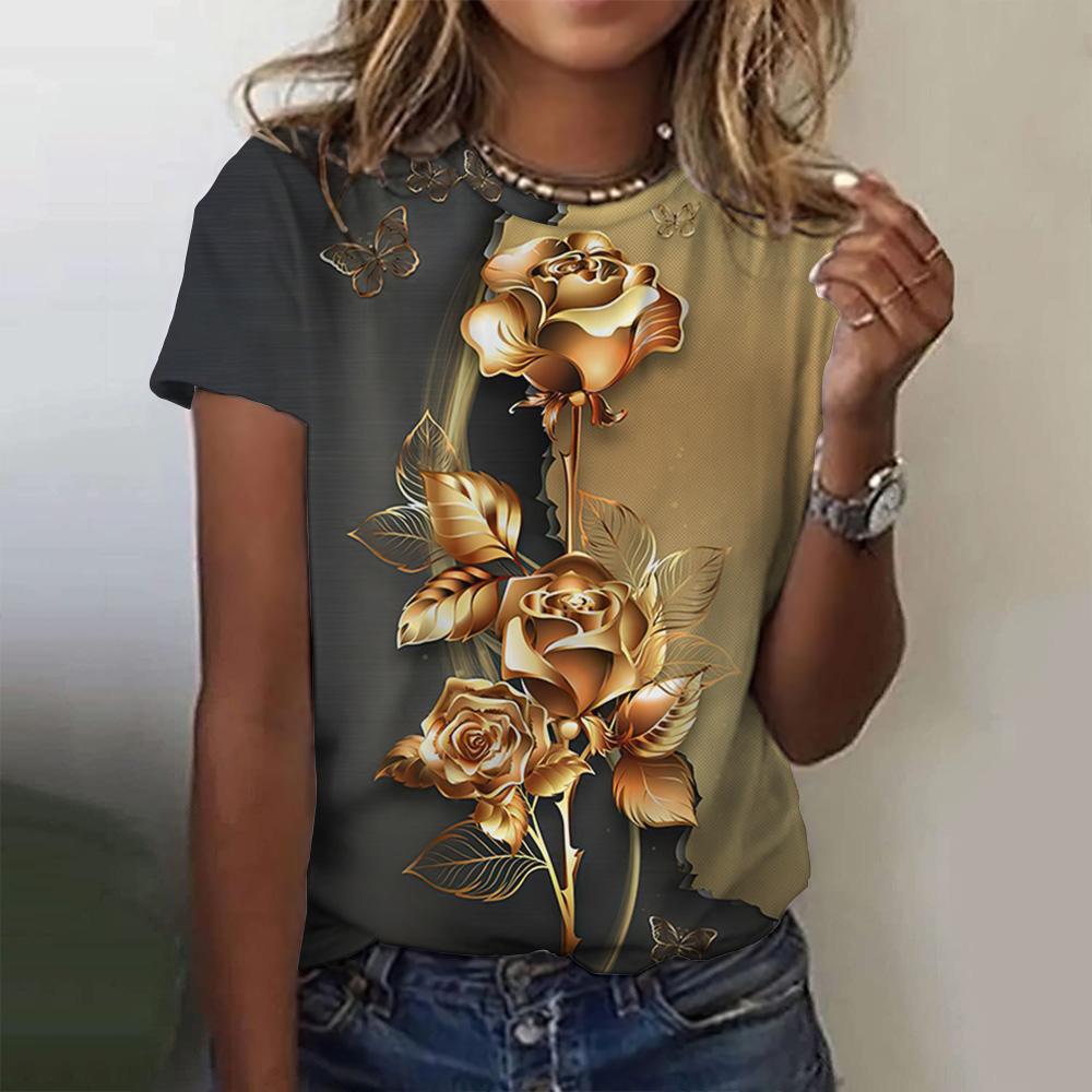 3d Roses Print Women's T Shirts Summer Fashion Short Sleeve Top Oversized Female Clothing Casual Girls Streetwear 2023 New Tees