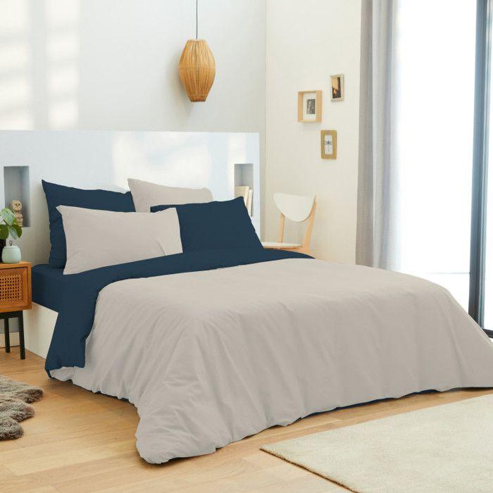 Pack complet 6 pièces Lin/Marine réversible housse de couette pour lit 140 x 190 cm