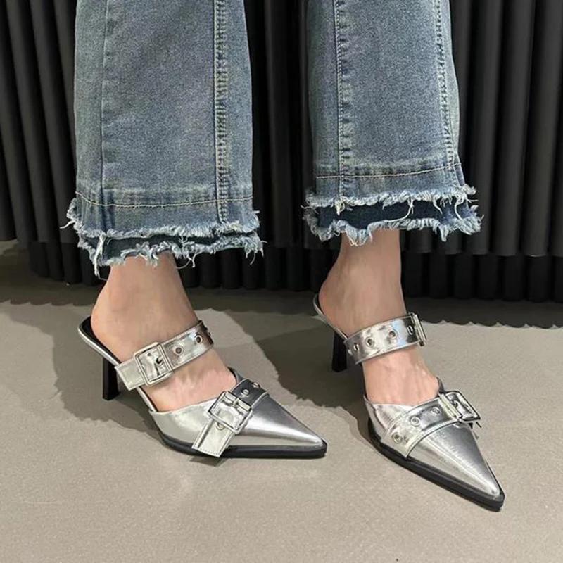 Punk Metal Buckle High Heels Shoes for Women Sexy Pointed Toe Stiletto Heel Sandals Woman Summer 2026 Fashion Party Silver Pumps