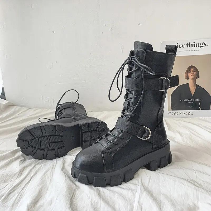 Fashion Woman Boots 2024 New Lace-Up Platform Shoes Elegant Trend Punk Gothic Rock Leather Fashion Motorcycle Women's Shoes Plus size 44
