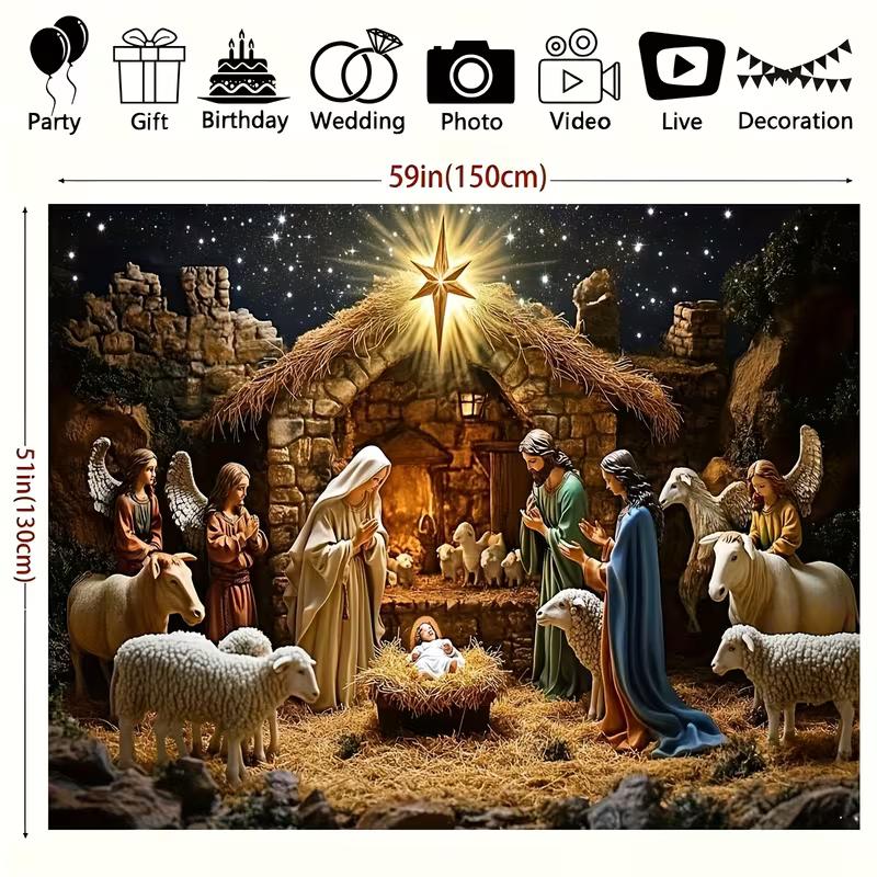 Fundal Foto Scenă Nașterea Domnului 2D Familia Sfântă cu Îngeri și Animale