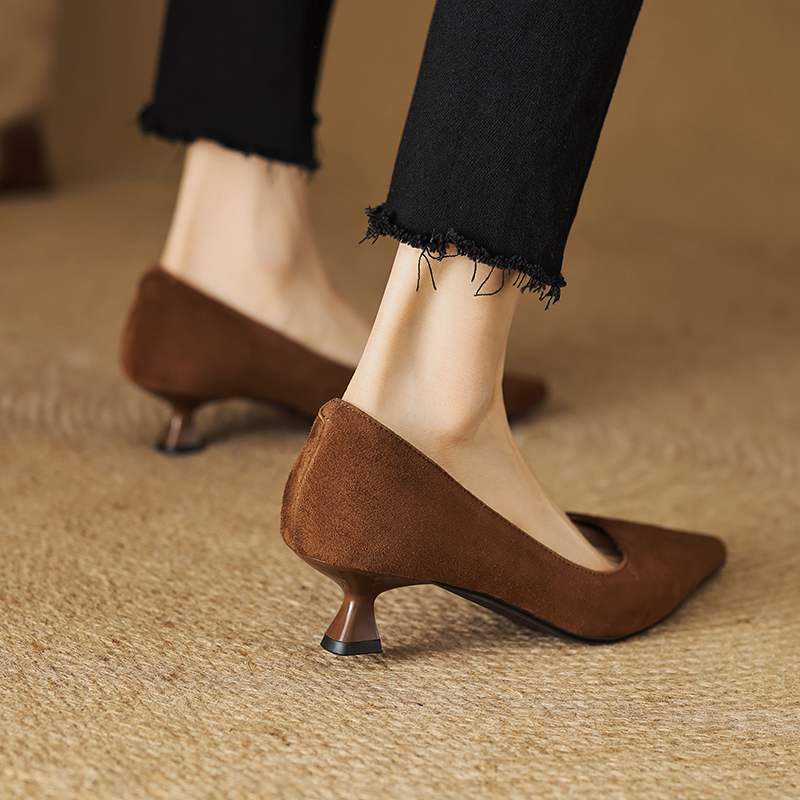 Krazing Pot Suede Fashion Summer Spring Autumn Summer Slip on Party Women Pointed Toe Stiletto Med Heels Pumps