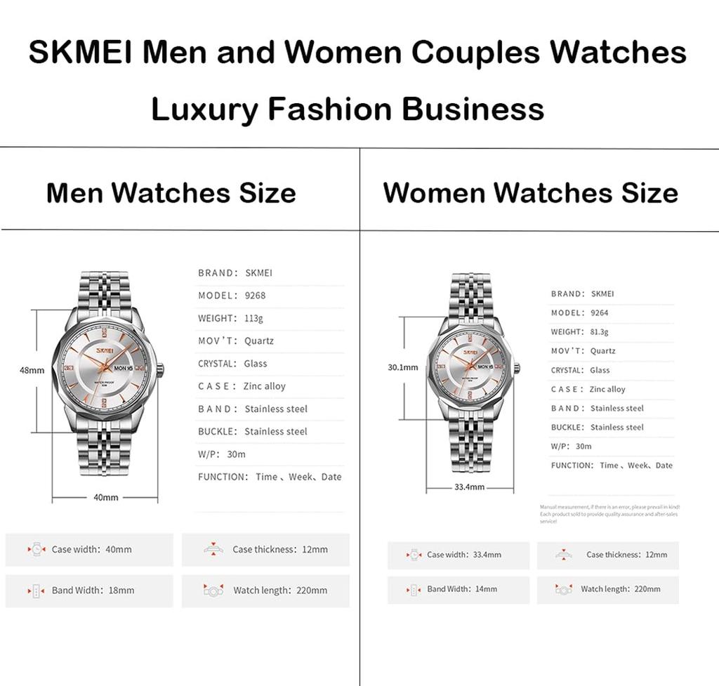 SKMEI Men's Stainless Steel Business Classic Watch, Waterproof, Analog, Stylish, Simple, Date & Day Display, Luxury Gift for Men, Silver