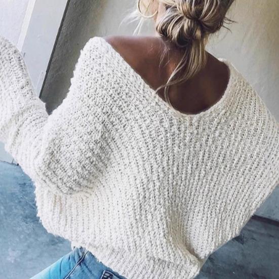 Women Tops V-Neck Long Sleeve Pure Color Knitting Tops Soft Stretchy Loose Fit Sweater Spring Autumn Casual