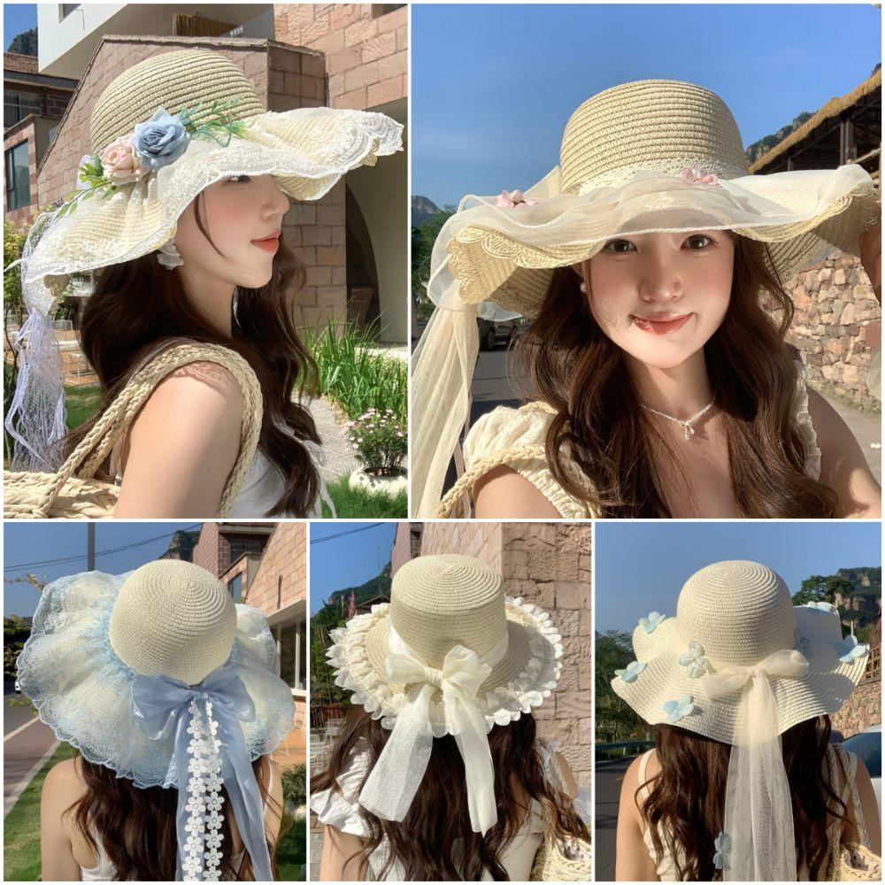 Flower Straw Hat Large Brim Wide Brim Hat Lolita Sun Hat Outdoor Activity