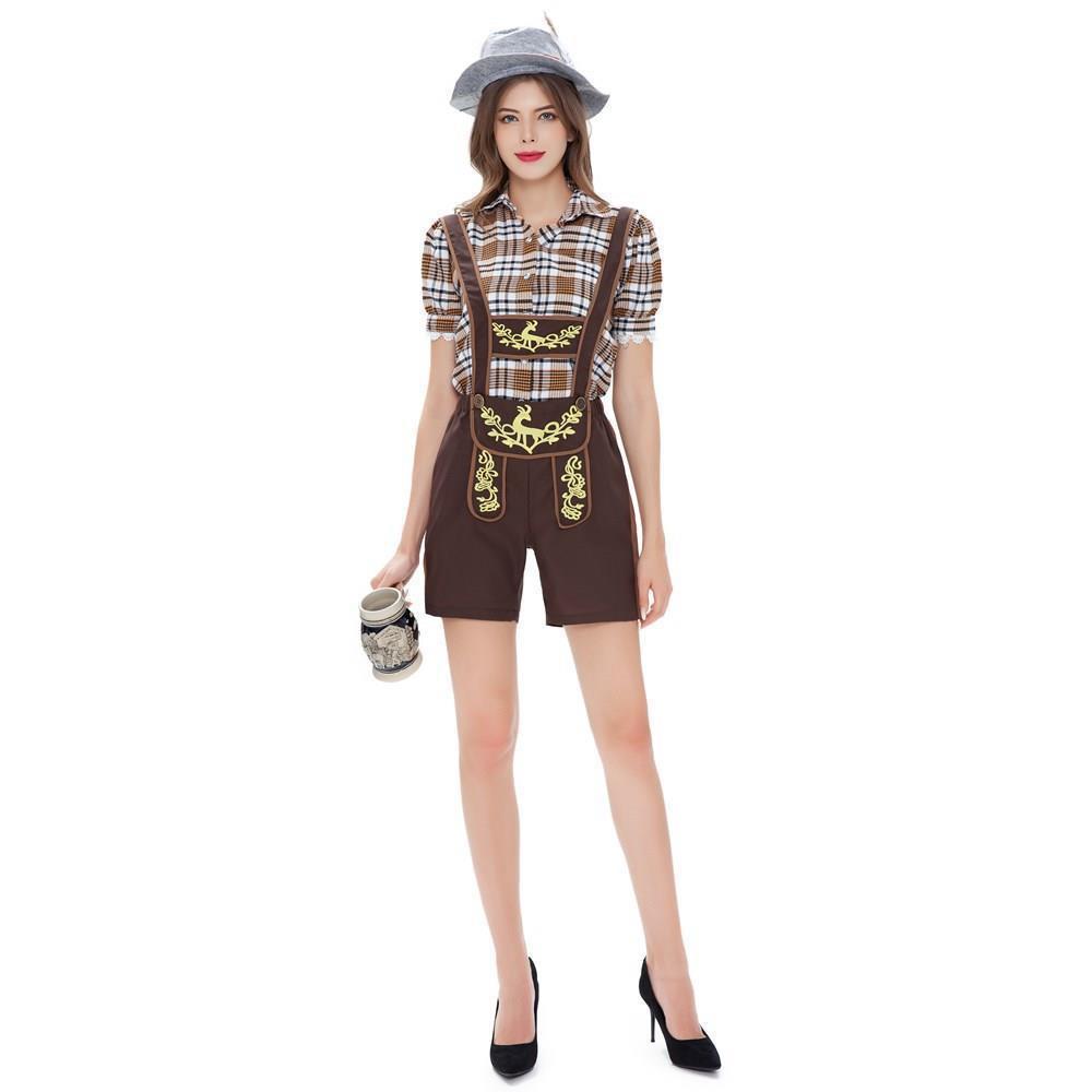  Men's And Women's Oktoberfest Clothing, Halloween Costume, Plaid Suspender Pants, Couples German Beer Costume