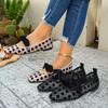 Women Mesh Breathable Polka Dot Single Shoes Bow Embossed Hollow Out Round Toe Flat Bottom Slip-On Ballet Flats Loafers