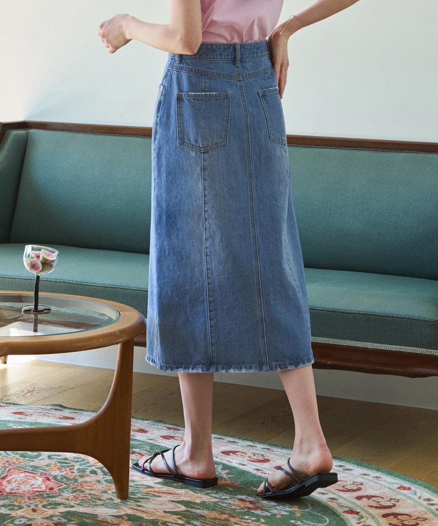 Deuloupisumeon Vertical Line Denim Long Skirt [Light Blue]