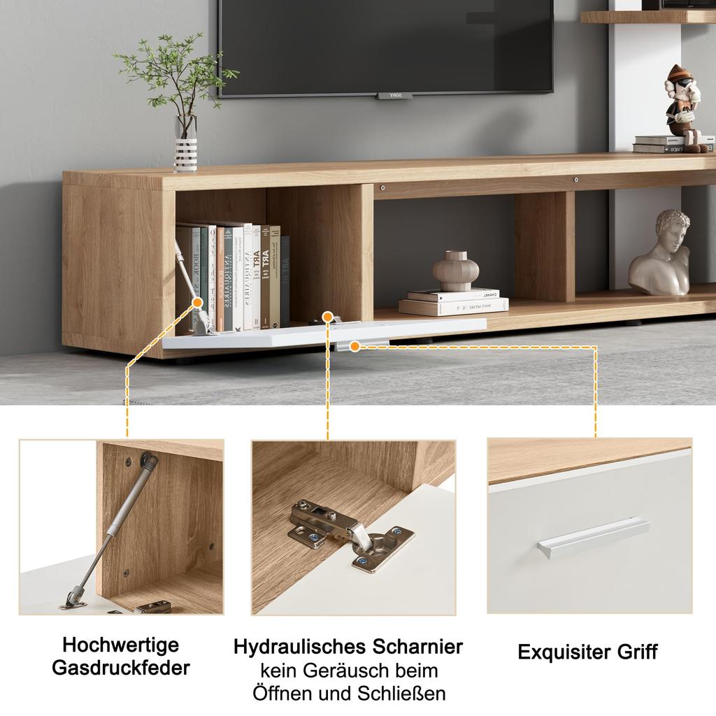 Living Room Wall Unit, Living Room Furniture Set, 1x TV Lowboard, Wall Shelf, Complete, Elegant Media Wall, Ample Storage Space, 60 Inch TVs, White & Wood Color
