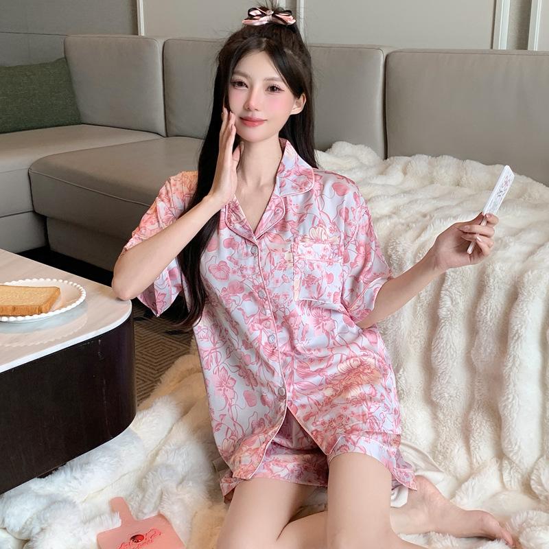 Ice Silk Summer Thin Short-Sleeved Two-Piece Set Girl Pajamas French Bow Pony Printed Loungewear Can Be Worn Outside