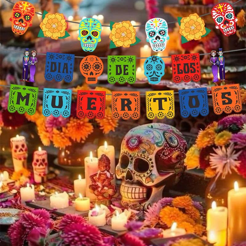 Mexikanische Tag der Toten Party Dekoration Wimpelkette Banner Totenkopf Banner Flagge Kuchenaufsatz Halloween Wanddekoration