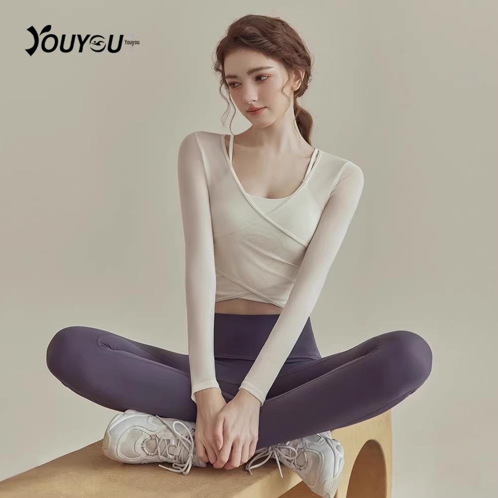 Women's Spring Yoga Suits: Chest-Pad Sports Top, Slimming Blouse, Pilates Fitness, Long Sleeve