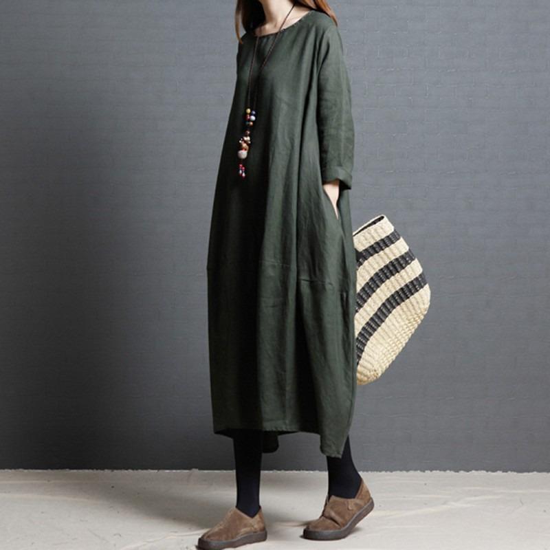 Women's Dress Loose Plus Size Cotton Linen Long Sleeved Round Neck Dress
