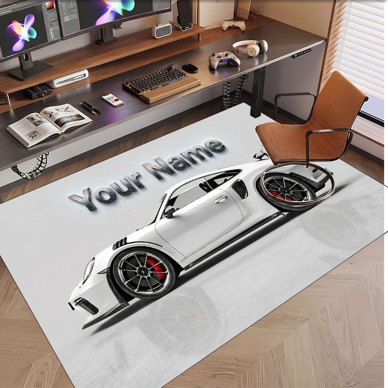 Auto-Rennsport-Thema Weicher Kristall-Samt Teppich Benutzerdefinierter Name & Text Druck Rutschfester Boden Teppich für Schlafzimmer Wohnzimmer