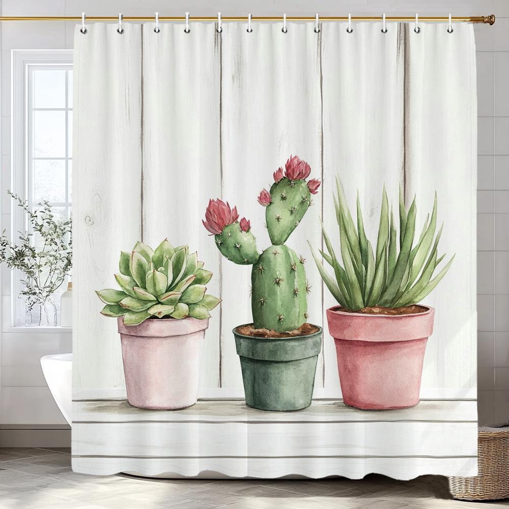 Nordic Art Style Plant Cactus Printed Shower Curtain Bathroom Curtain,Hanging Curtain With 12 Hooks Decoration Machine Washable