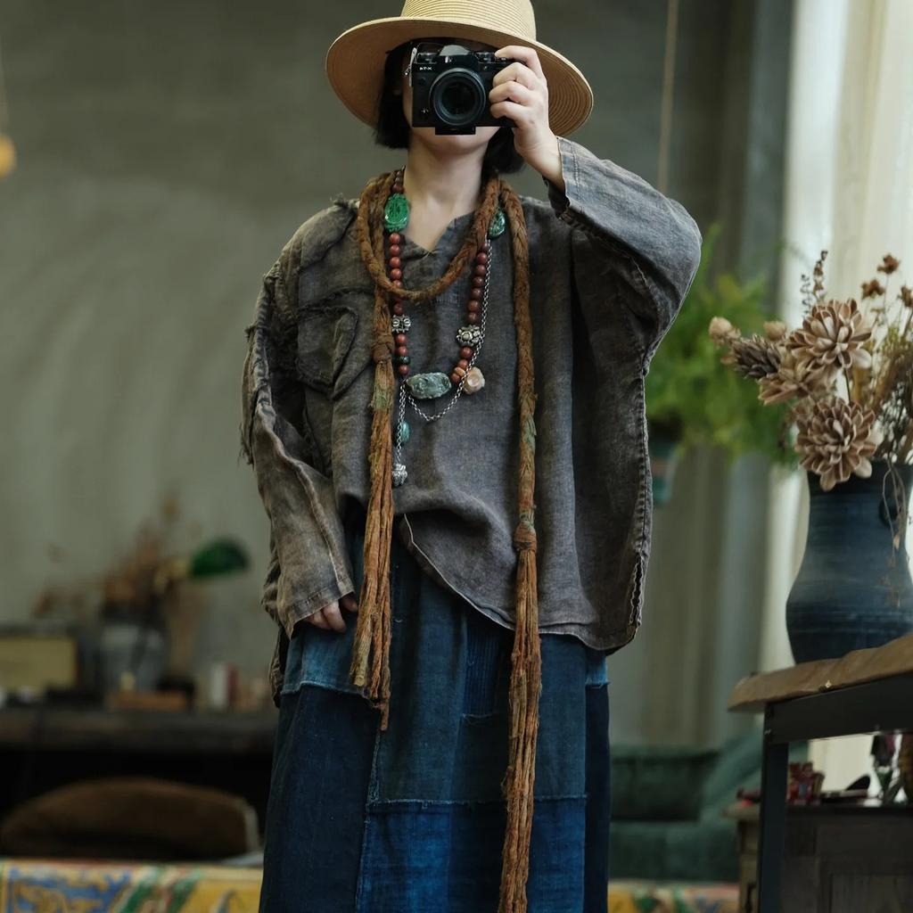 Johnature Women Vintage T-Shirts Loose Autumn Patchwork Floral Solid Color Long Sleeve Chinese Style T-Shirt