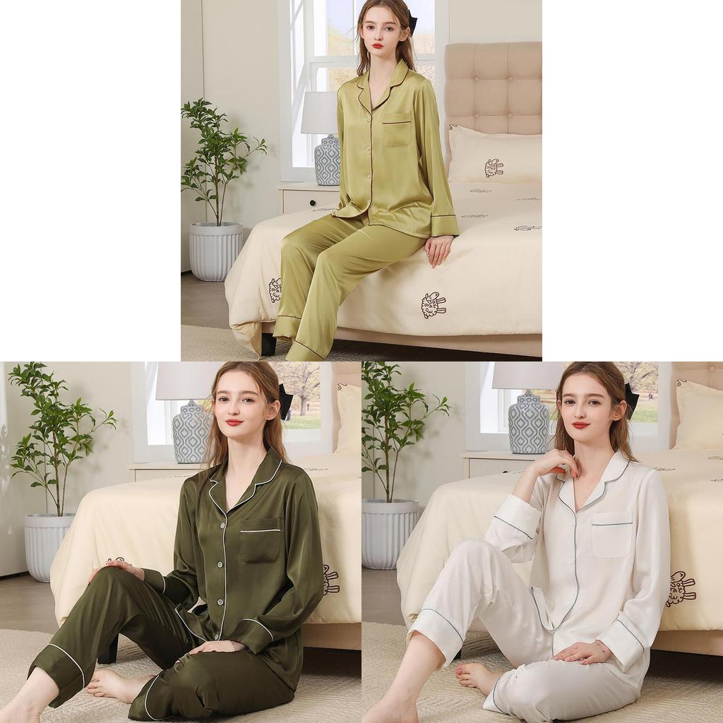 Silk Pajama Set For Women Spring Summer Light Breathable Lounge Sleepwear For Home Use