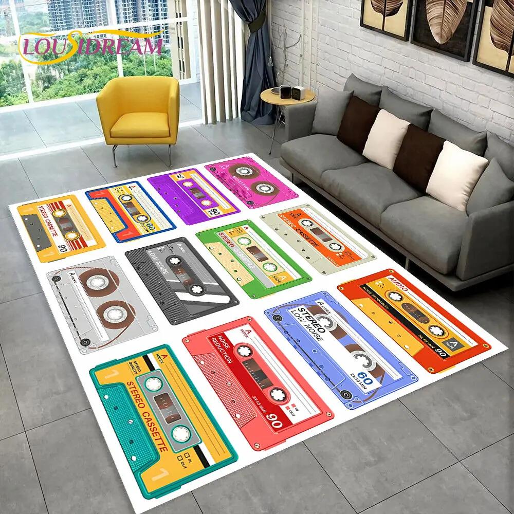 Teppich mit Retro-Musik-Kassettenband-Muster, groß, Teppich für Wohnzimmer, Schlafzimmer, Sofa, Fußmatte, Dekoration, rutschfeste Bodenmatte