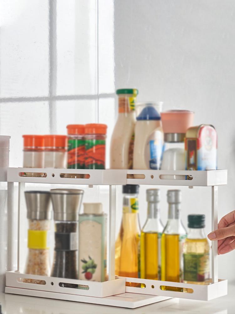 Slide and Rotate Seasoning Organizer 30x25cm 2 Tier Pull Out Cabinet Seasoning Rack for Kitchen White