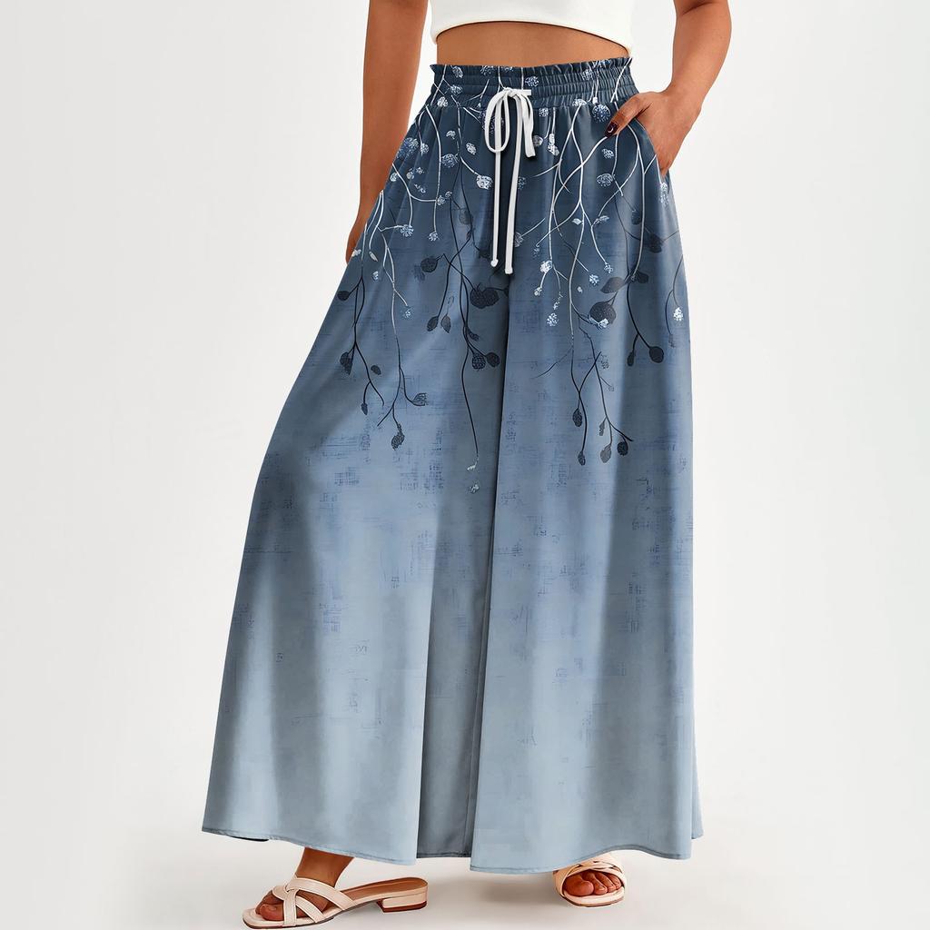 Dames Hoge Taille Wijde Pijpen Broek Casual Flowy Palazzo Broek Bloemenprint Broek Met Zak