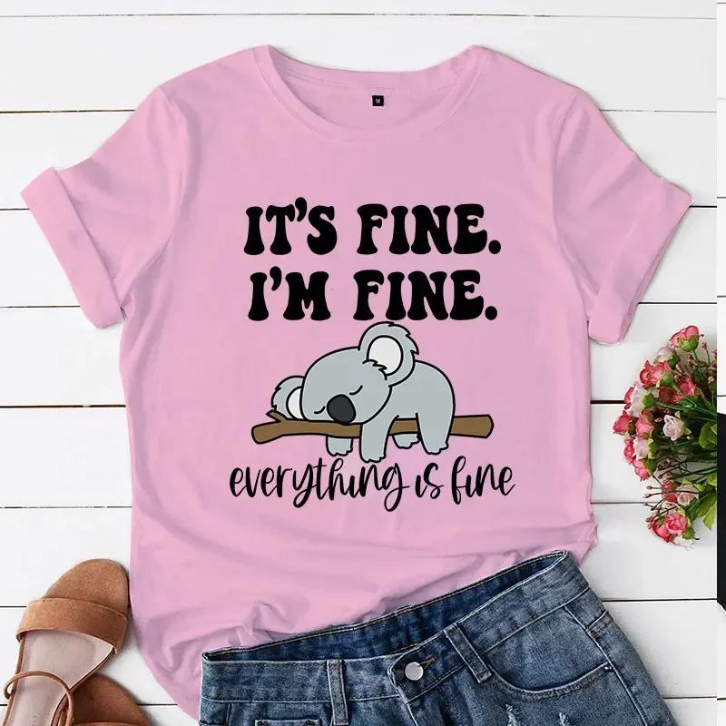 Shirt It's Fine I'm Fine Everything Is Fine Cartoon Womens Clothing Women's Fashion T-shirt Koala Print Tops Casual Short-sleeve
