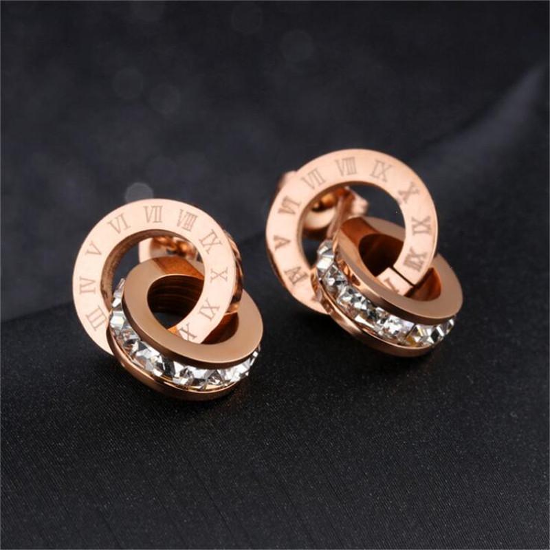 Small Square Drill Roman Numerals Hollow-out Double Ring Circles Titanium Steel Rose Gold Earrings