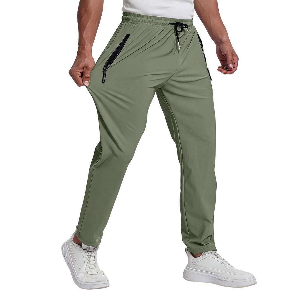 Men's Casual Lightweight Elastic Waistband Quick Dry Ice Silk Pants with Zipper Pockets Breathable Stretch Sports Trousers for Everyday Wear