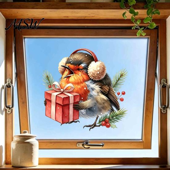 Christmas Bird Decorations Static Window Clings, PVC Waterproof Decals with Santa Hat And Creative Gifts for Lovers Gift Box, Removable Glass Stickers