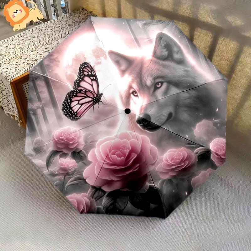 1pc Wolf Theme Pattern Umbrella Portable Folding Umbrella Iron Frame Hole Bone Structure Outdoor Home Umbrella
