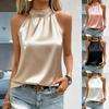 Blusa Regata Feminina de Cetim com Gola Halter e Detalhe de Pérolas Sem Mangas Elegante Casual