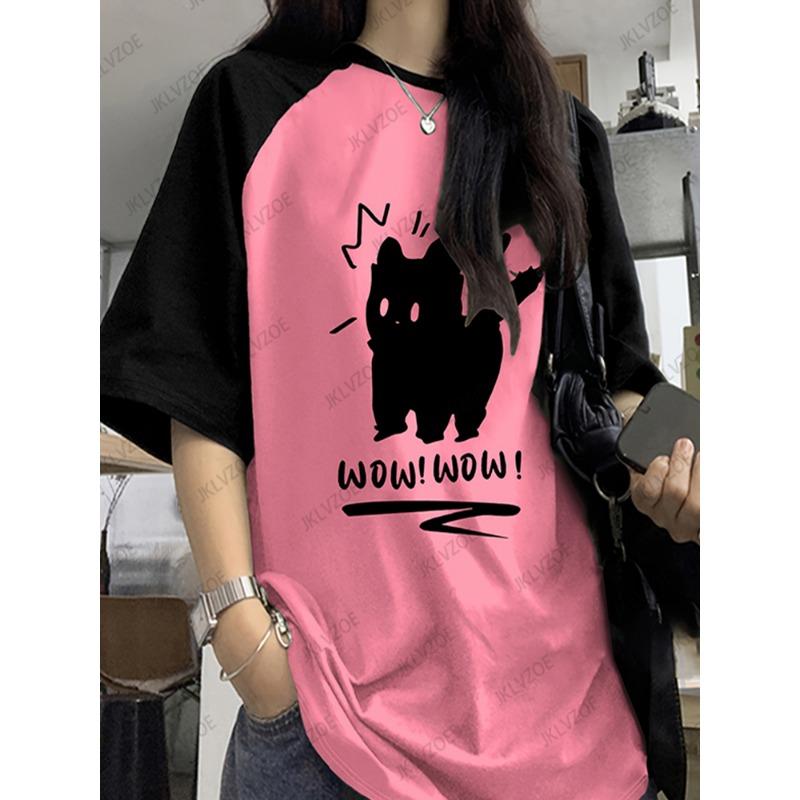 Rolig katttryckt sommartröja för kvinnor, lapptäcke, kortärmad, Harajuku-t-shirts, sportfotbollströja, Y2K, lös, överdimensionerad topp