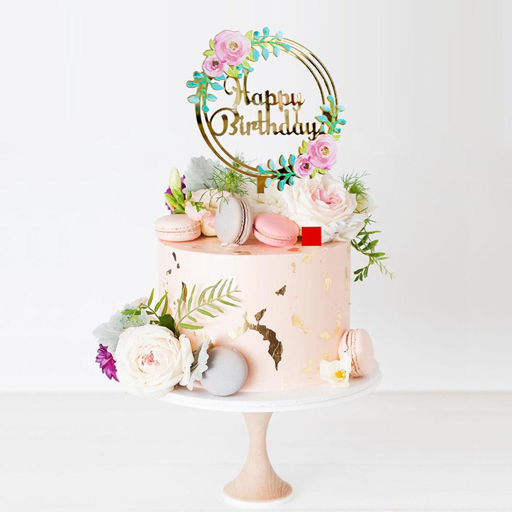 Birthday Cake Topper Acrylic Birthday Cupcake Decoration with Flower Pattern Gold Cake Topper with Letters
