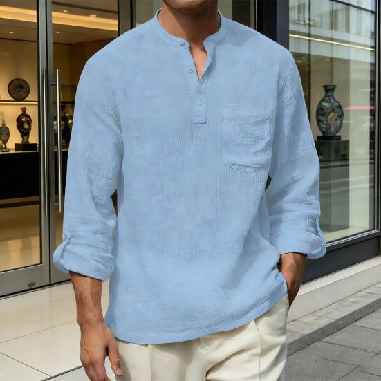 Men Cotton Linen Shirt Long Sleeve Band Collar T-Shirt with Chest Pocket Solid Color Casual Holiday Shirt for Travel Summer Beach Vacation Daily Wear