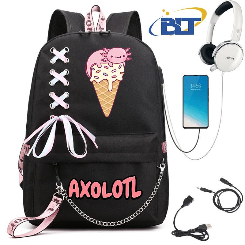 Niedlicher Axolotl bedruckter Schüler-Schulranzen für Mädchen schwarzer Rucksack USB Kinder Freizeittasche Geschenk zum Schulanfang