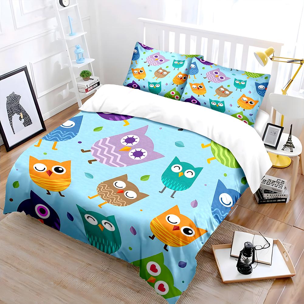 Set Biancheria da Letto Gufi Cartoni Animati con Sfondo Colorato 1 Copripiumino 2 Federe per Adulti e Bambini Regalo di Lusso Misura Matrimoniale