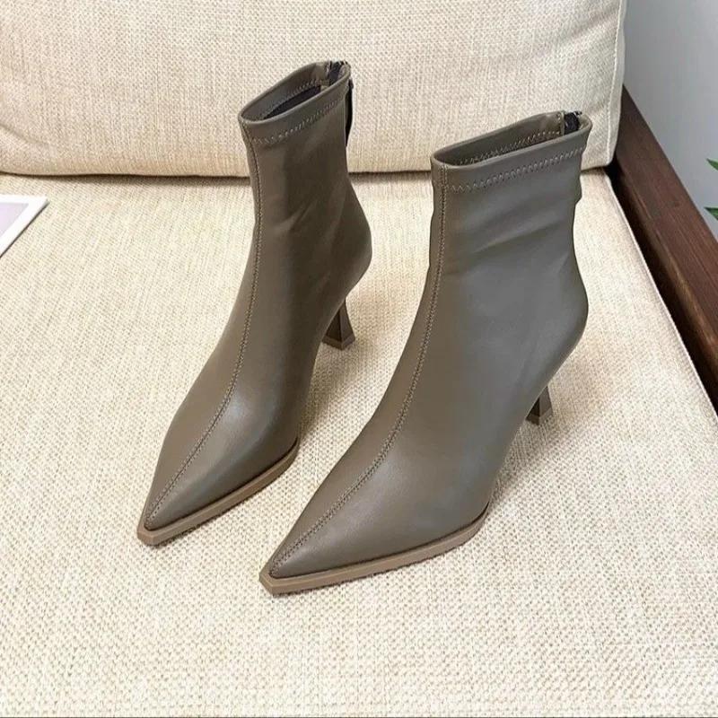 Sexy Pointed High Heel Boots Women Winter New Ankle Boots Fashion Zip Foot Slimming Lady Shoes Hot Sale Patent Leather Shoe
