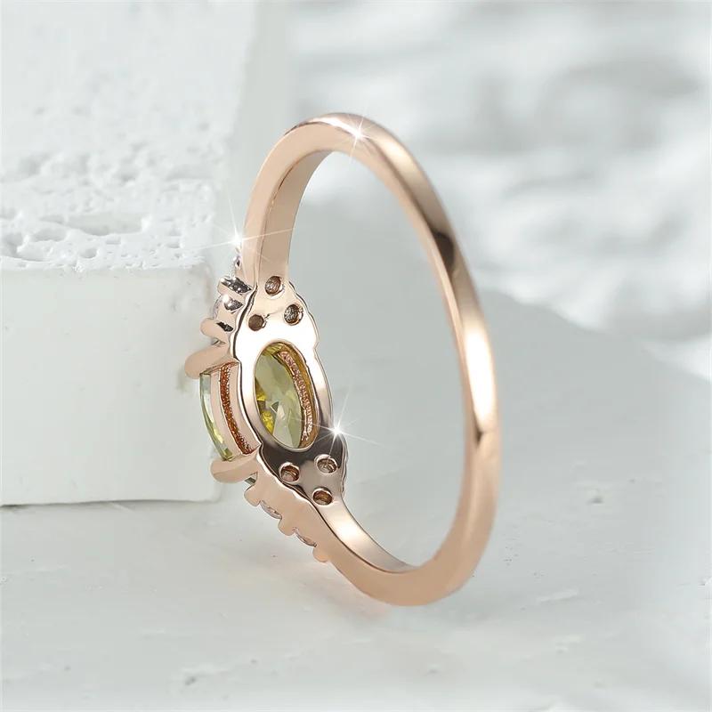 Small Olive Green Stone Ring for Women Rose Gold Color Oval Zircon Minimalist Stacking Thin Ring for Party Wedding AVE