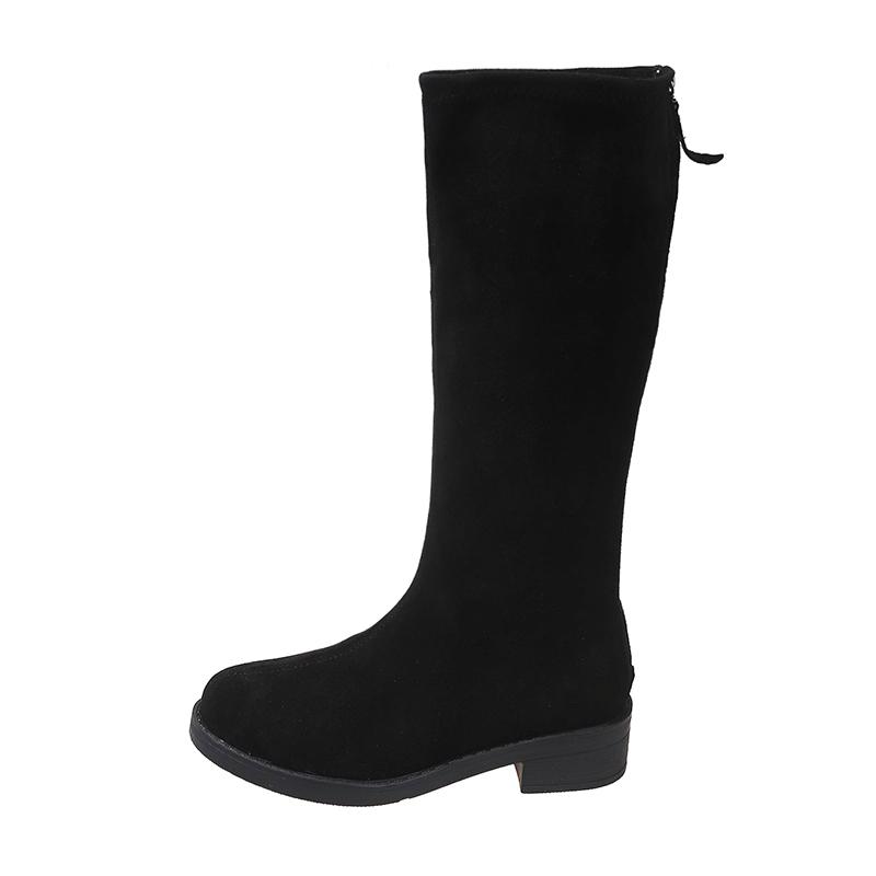 Bottes d'hiver de haute qualité pour femmes, bottes hautes à la mode et polyvalentes à bout rond en daim de couleur unie à talon bas et fermeture éclair pour femmes