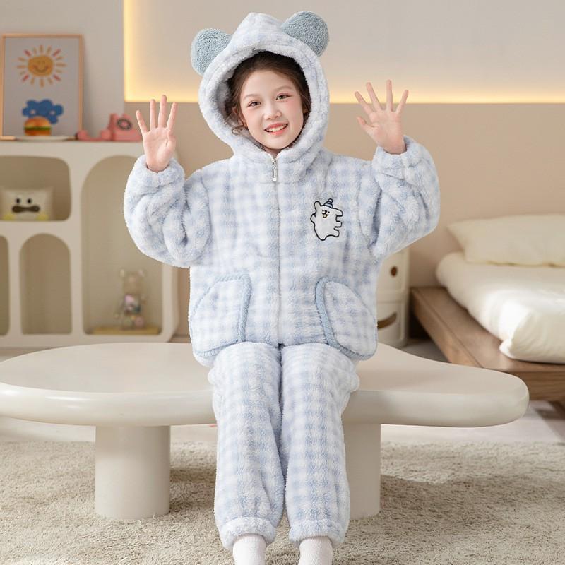 Girls Warm Coral Fleece Pajama Set With Hooded Top Pants Thick Soft Sleepwear Winter