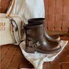Grape Mother of the Same Style, Retro Polished Belt Buckle, Old Thick Heel Locomotive British Style Short Boots, New Women's Leather