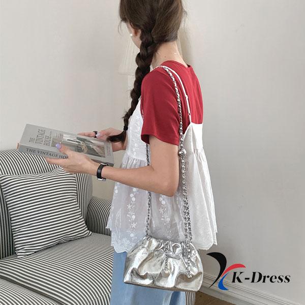 Drawstring Mini Bag with Pearl Chain Tote Crossbody Leather Phone Silver Shoulder Bag