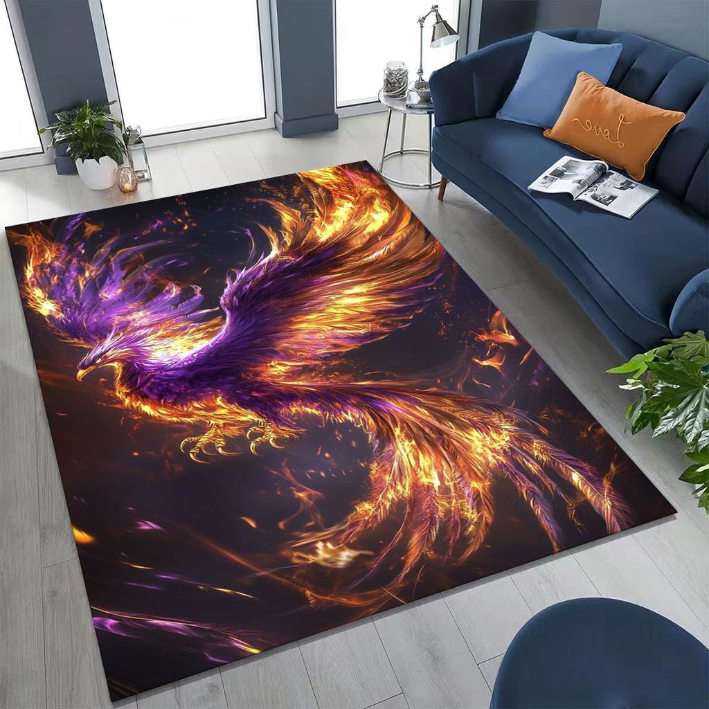 Bunter Wiedergeburt Feuerphönix Göttlicher Vogel Teppich für Schlafzimmer Wohnzimmer Sofa Zuhause Fußmatte Dekor, Große Kinder Spiel Anti-Rutsch Bodenmatte
