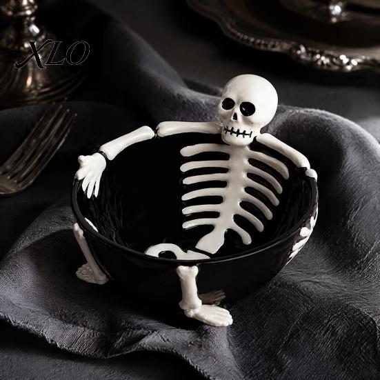 Halloween Event Supplies Skeleton Lounging Tidbit Serveware, 3D Relief Resin Candy Bowl for Creative Container Snacks Dips, Gothic Party Tableware