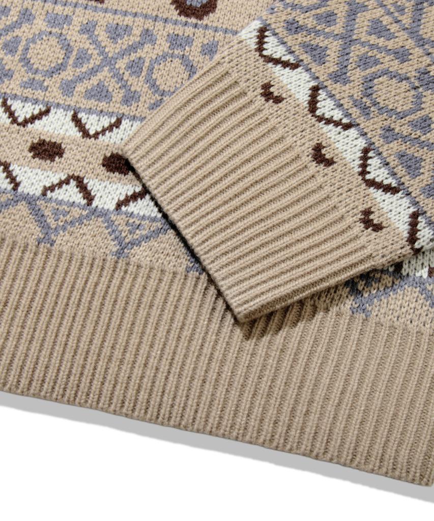 TRILLION Pull Jacquard Fair Isle Vintage à col rond_Beige