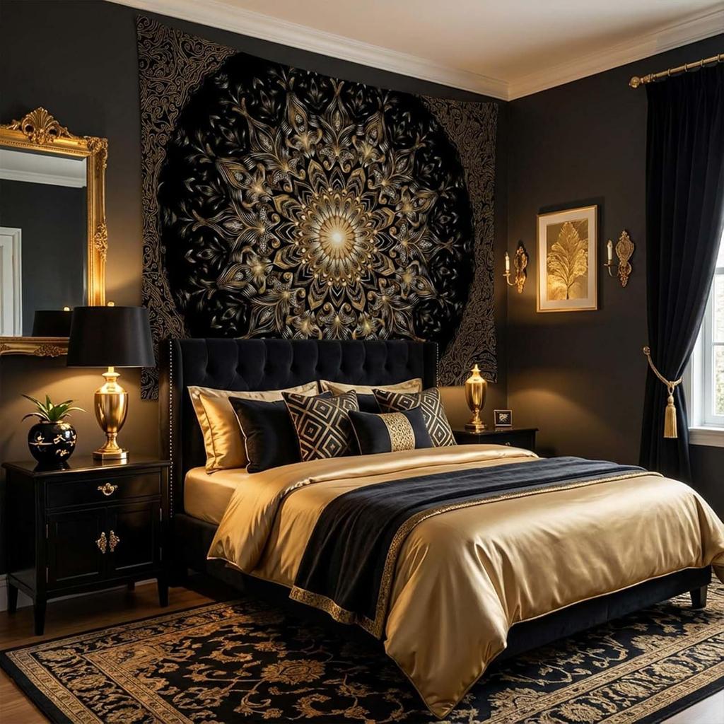 Black & Gold Mandala Tapestry, Elegant Wall Hanging with Intricate Golden Floral Pattern on Black Background, for Bedroom Decor